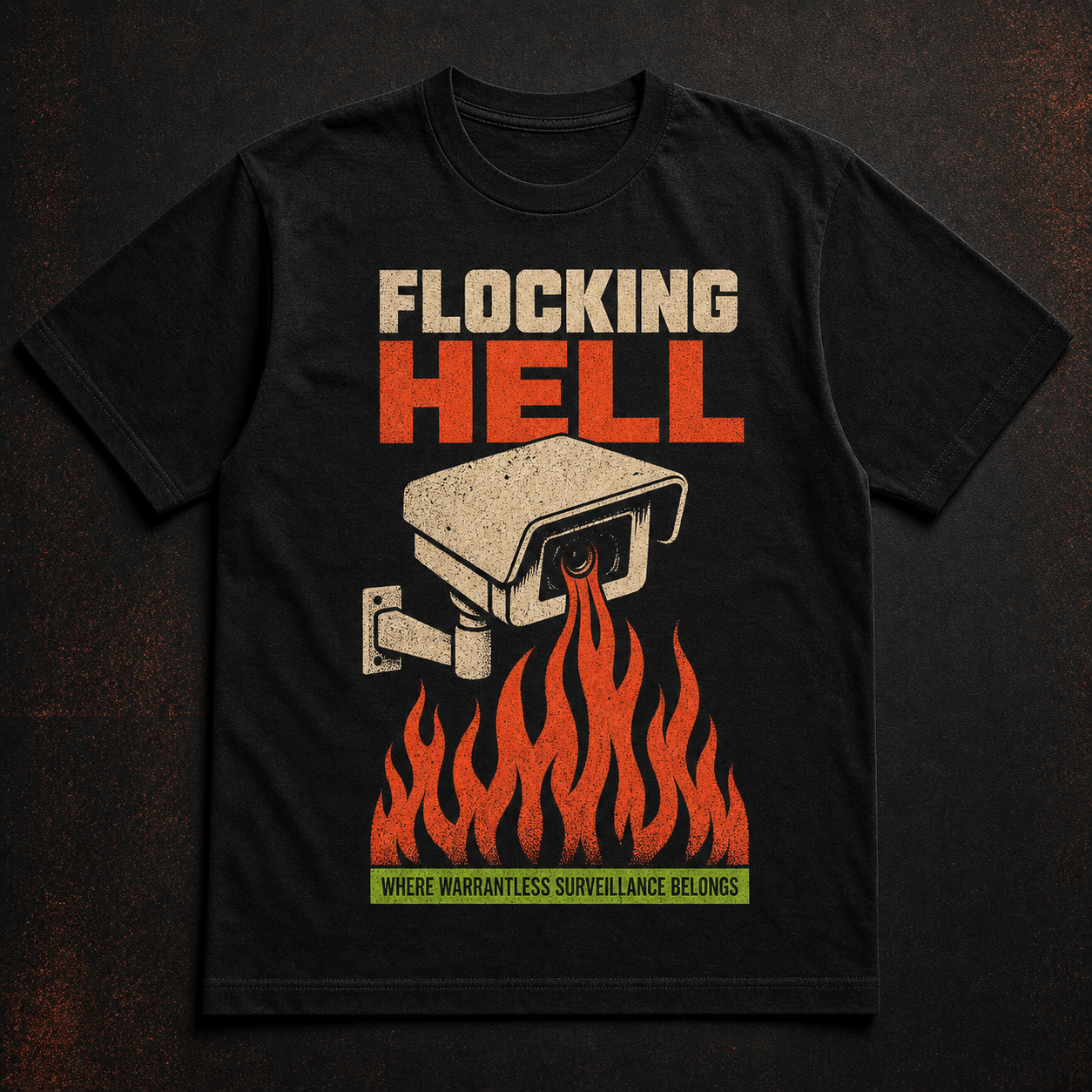 Black Flockinghell T-shirt concept with a surveillance camera over stylized orange flames.